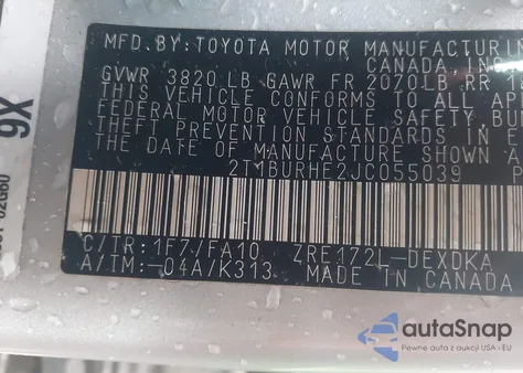 2018 Toyota Corolla L from USA, damaged, VIN 2T1BURHE2JC055039